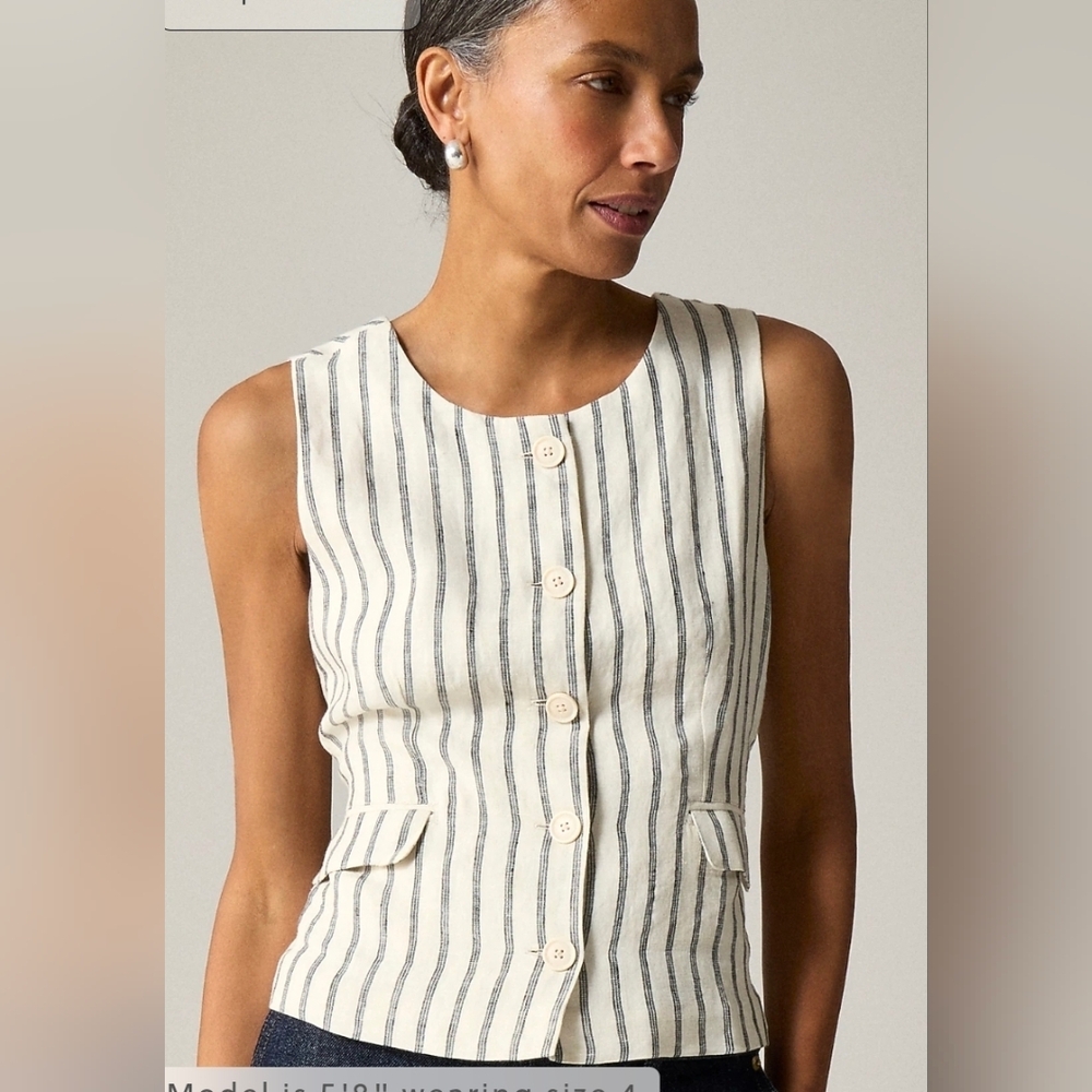🌿J. Crew Crew Neck Vest Striped Linen NWT Size 14
